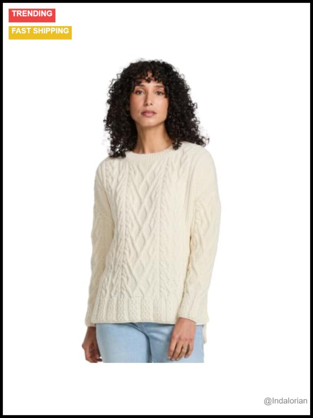 Cable Knit Crew Neck Sweater Supersoft Merino Wool Relaxed Fit